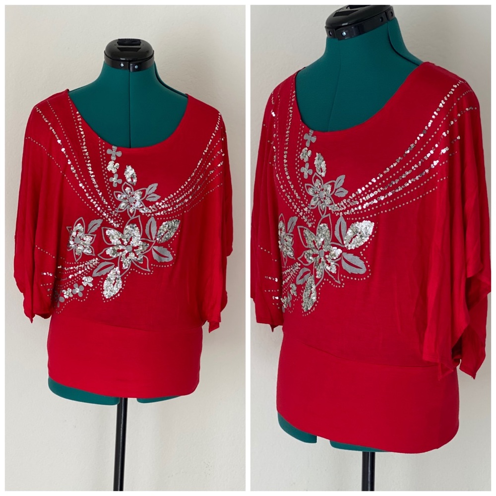 SOLD Stunning red and silver sequin comfy blouse - Picture 1 of 8